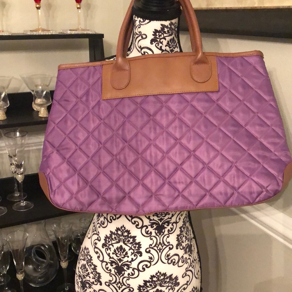 Purple and tan quilted tote bag